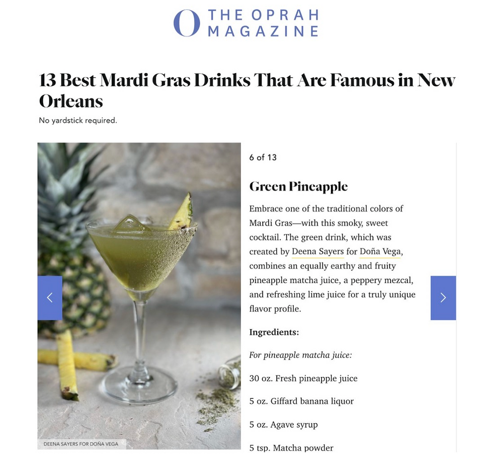 Mardi gras cocktail famous in New Orleans Oprah magazine Mezsal Salts Drinks By Deena Deena Sayers